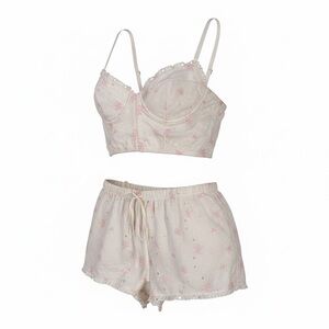 Florence by Mills Women's Cream and Pink Embroidered Bralette & Short Set